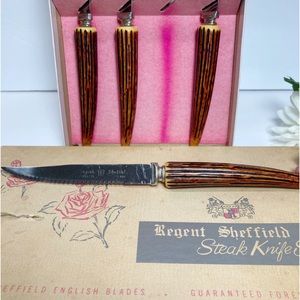 Vintage Sheffield E. Parker Stainless 3709 Set of 6 Steak Knives Faux Antler NEW